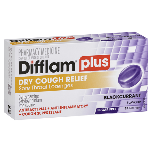 Difflam Plus Dry Cough Relief Sore Throat Lozenges - Blackcurrant Flavour