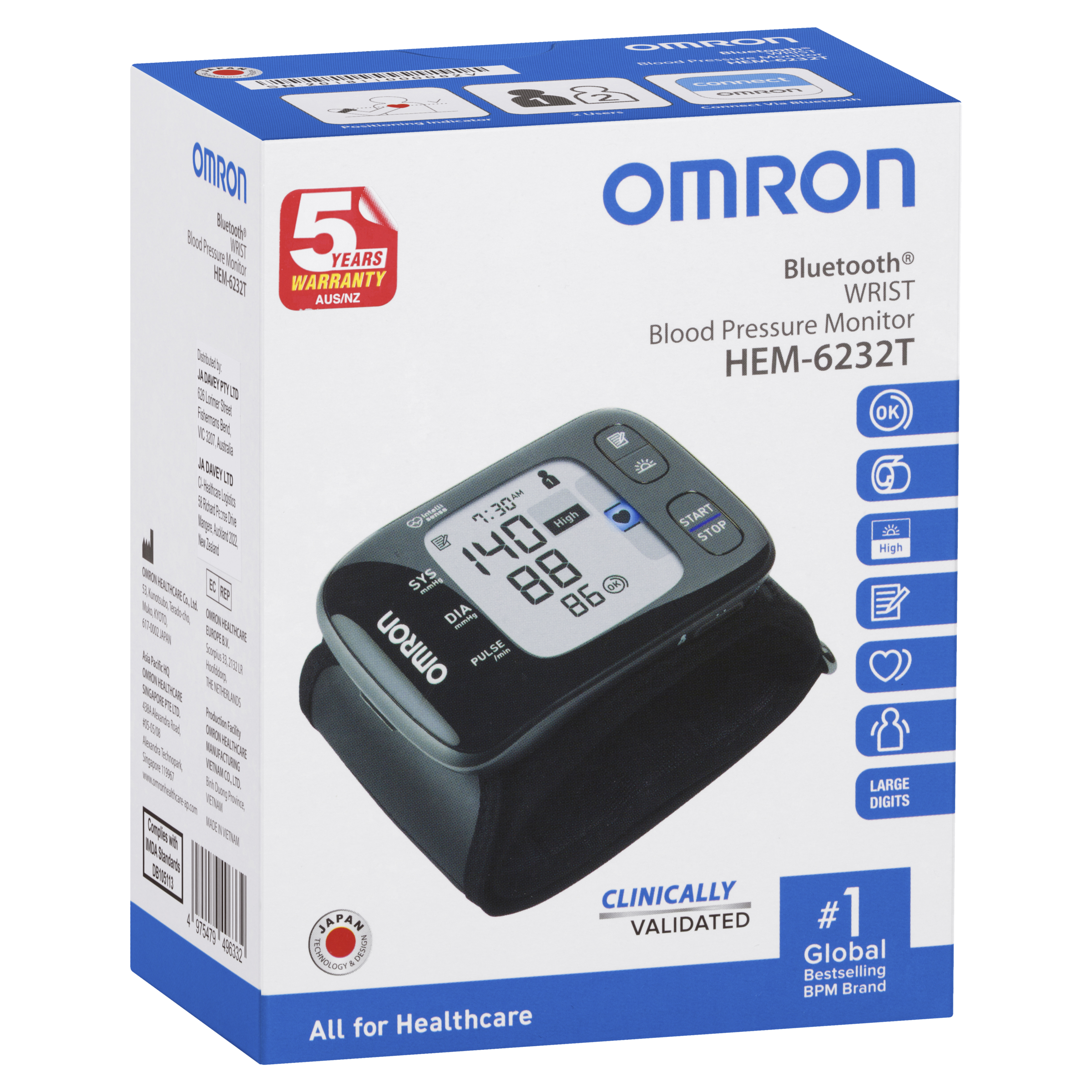 Omron HEM-6232T Bluetooth Wrist Blood Pressure Monitor