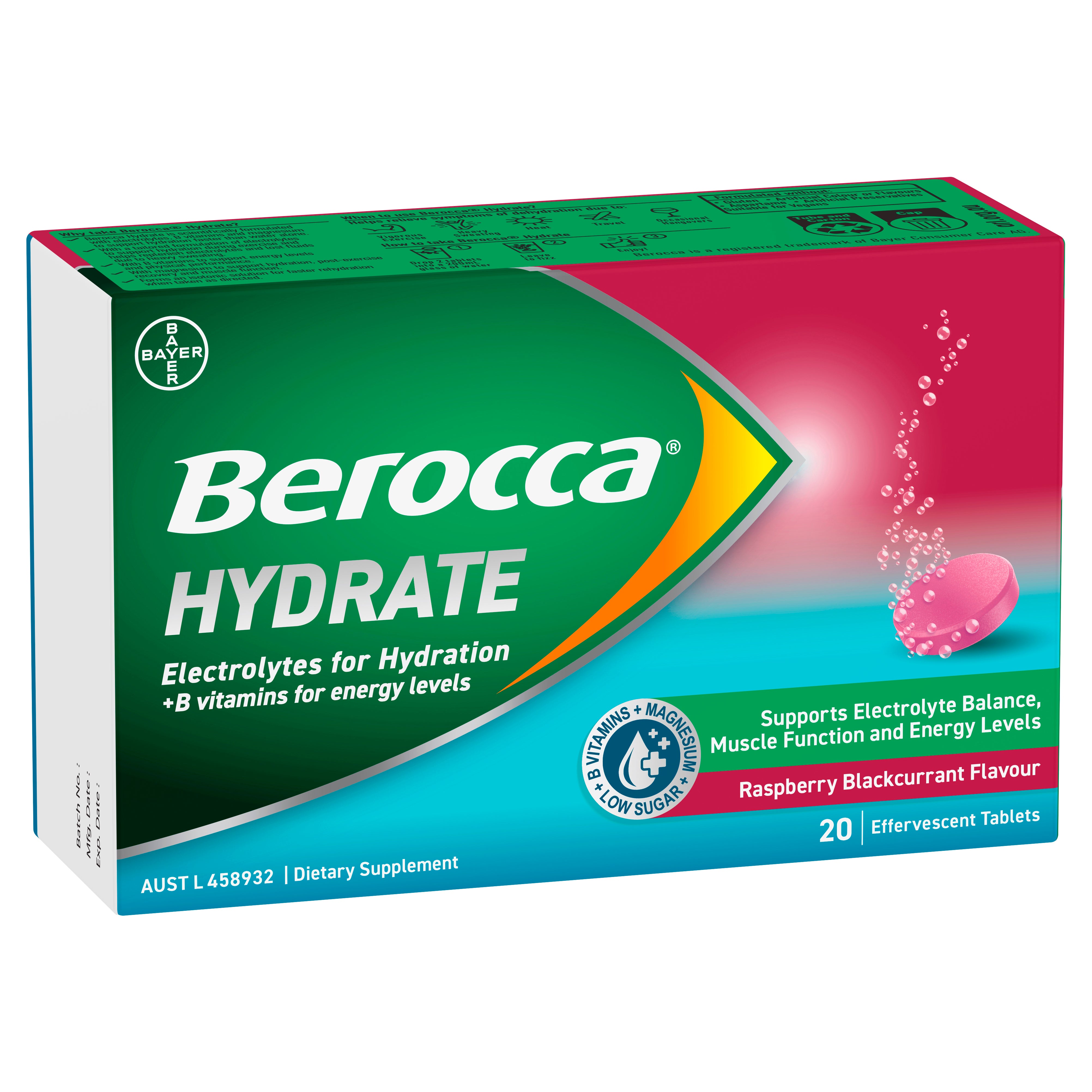 Berocca Hydrate Raspberry Blackcurrant Flavour Effervescent Tablets