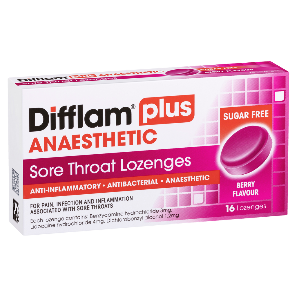 Difflam Plus Anaesthetic Sore Throat Lozenges - Wild Berry Flavour ...