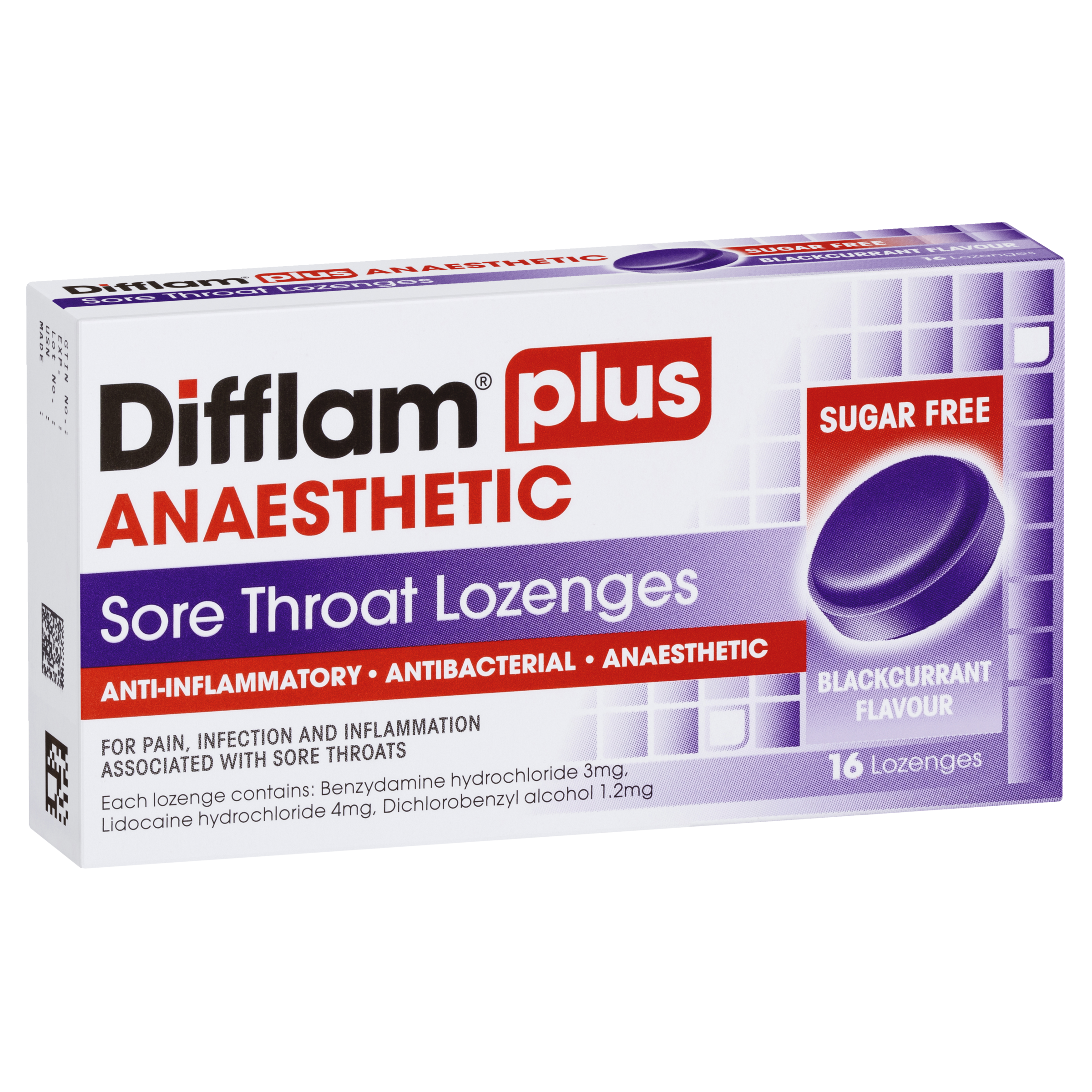 Difflam Plus Anaesthetic Sore Throat Lozenges - Blackcurrant Flavour