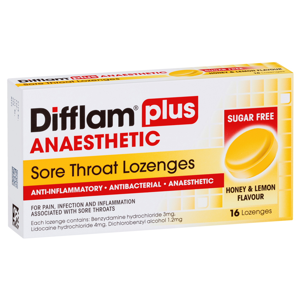 Difflam Plus Anaesthetic Sore Throat Lozenges - Honey & Lemon Flavour ...