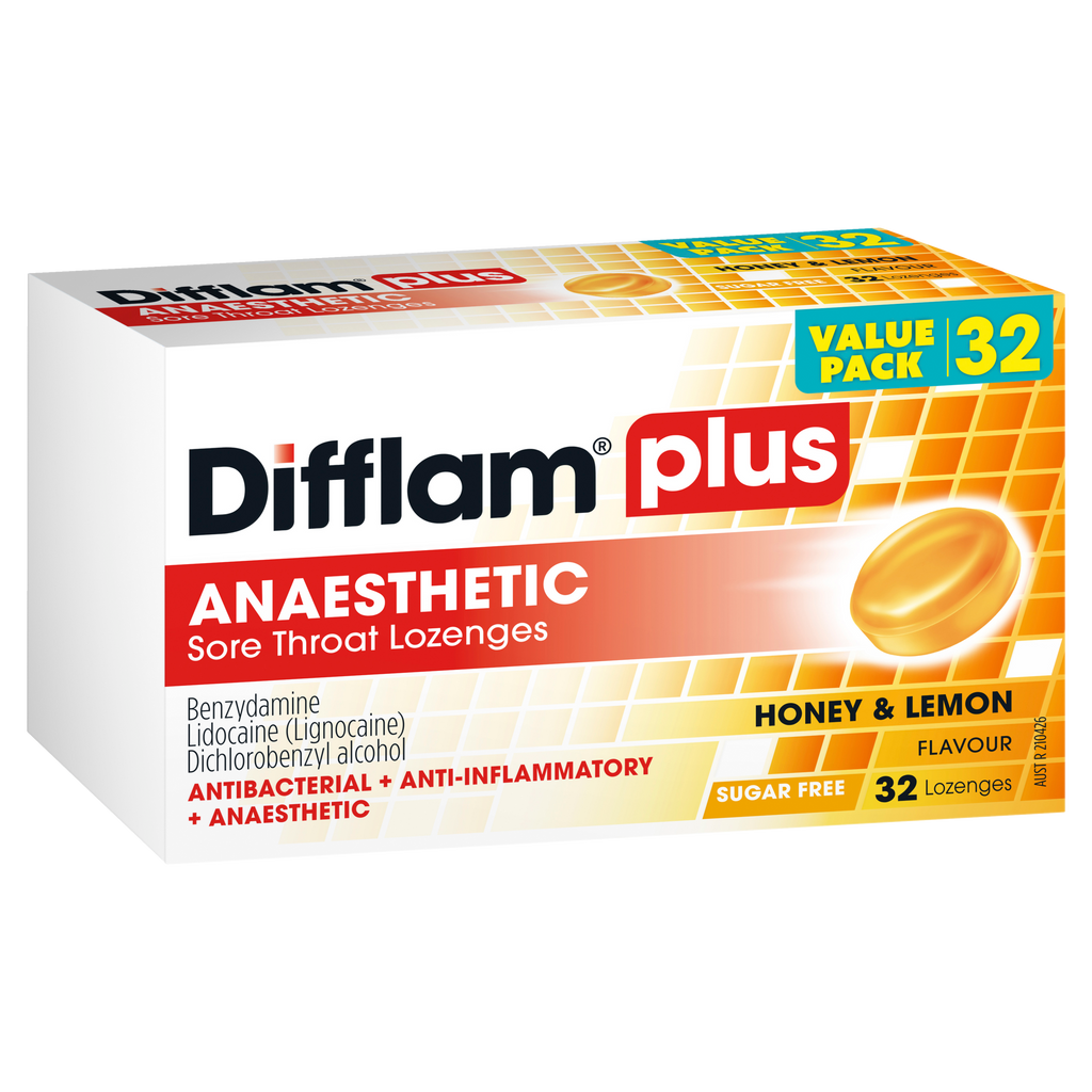 Difflam Plus Anaesthetic Sore Throat Lozenges - Honey & Lemon Flavour ...