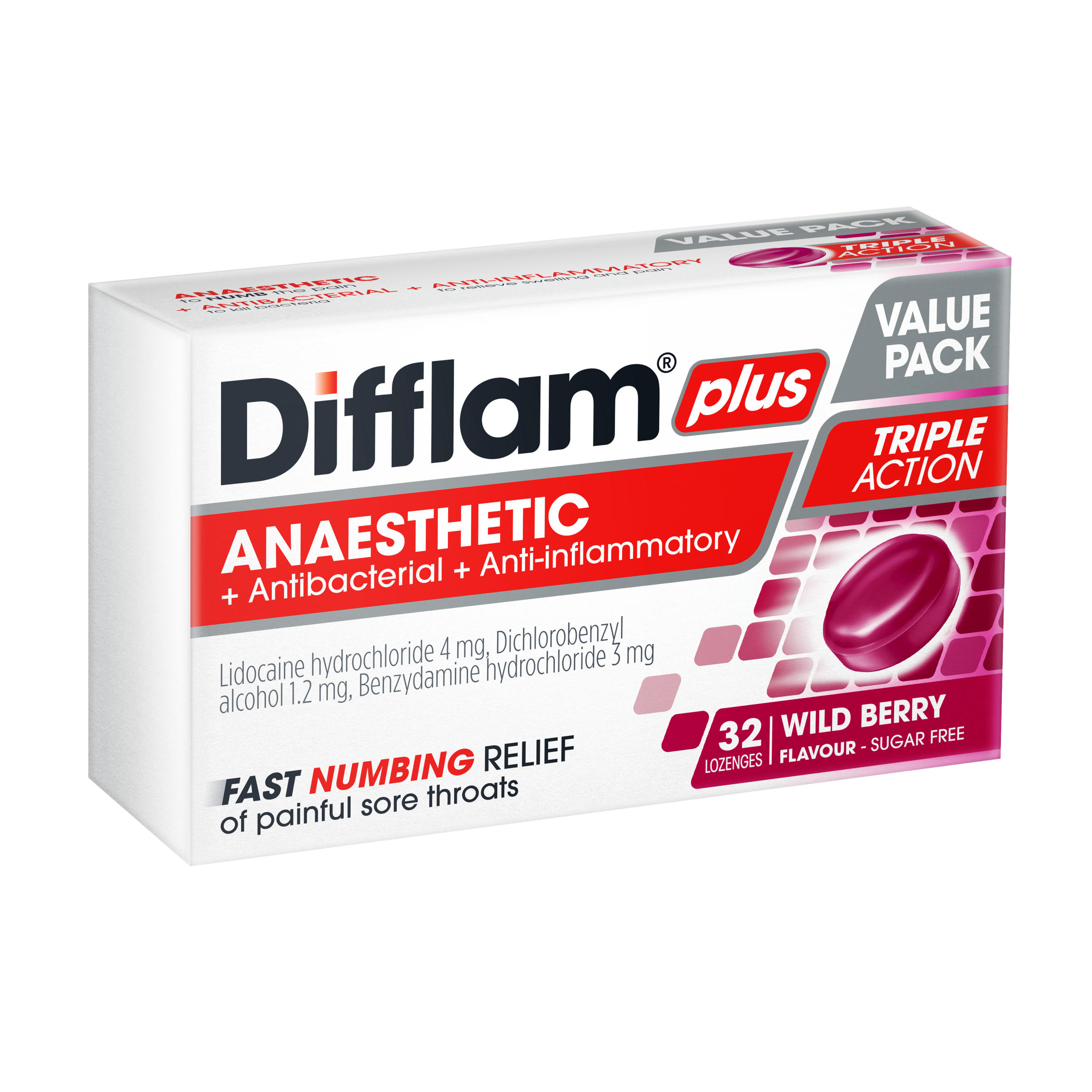Difflam Plus Anaesthetic Sore Throat Lozenges - Wild Berry Flavour